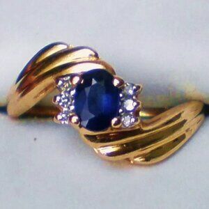 Vintage Solid 14K Yellow Gold 0.63CT Sapphire Diamond Cluster Bypass Ring